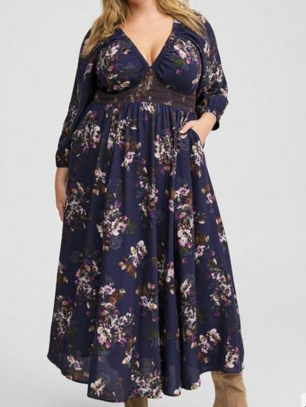 Lane Bryant Navy Floral V-Neck Maxi Dress